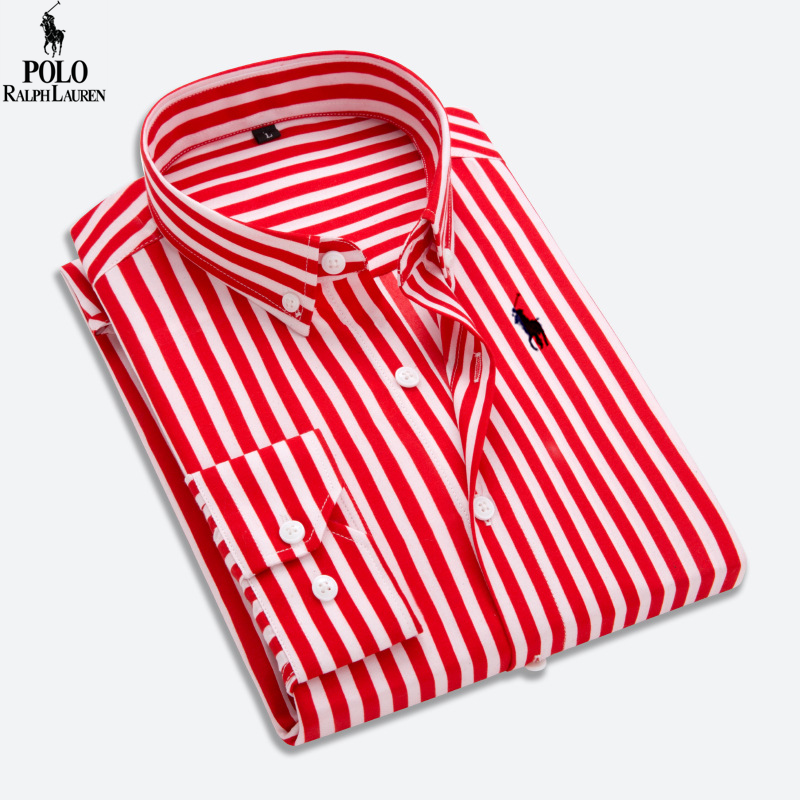 Men Ralph Laure Shirt Striped Collar Classic Collar Daily Work Long Sleeve Tops Shirt