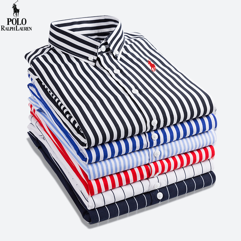 Men Ralph Laure Shirt Striped Collar Classic Collar Daily Work Long Sleeve Tops Shirt - Image 3