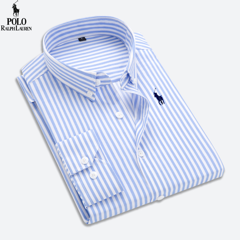 Men Ralph Laure Shirt Striped Collar Classic Collar Daily Work Long Sleeve Tops Shirt - Image 4