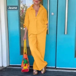 Women MAGNUM 2 Piece Set Solid Color Lapel Shirt + Wide Leg Pant