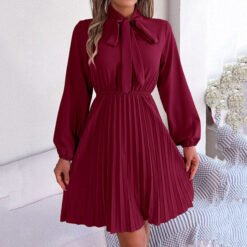 Women MAGNUM Elegant Pleated Dress with Tie Neck