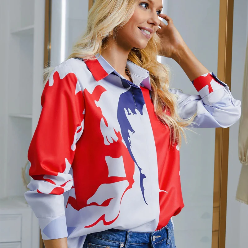 Women MAGNUM Printed Lapel Collar Button Down Long Sleeve Shirt - Image 8