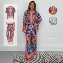 Women MAGNUM Two Piece Set Oversized Printed Batwing Shirt and Wide Leg Pants Set