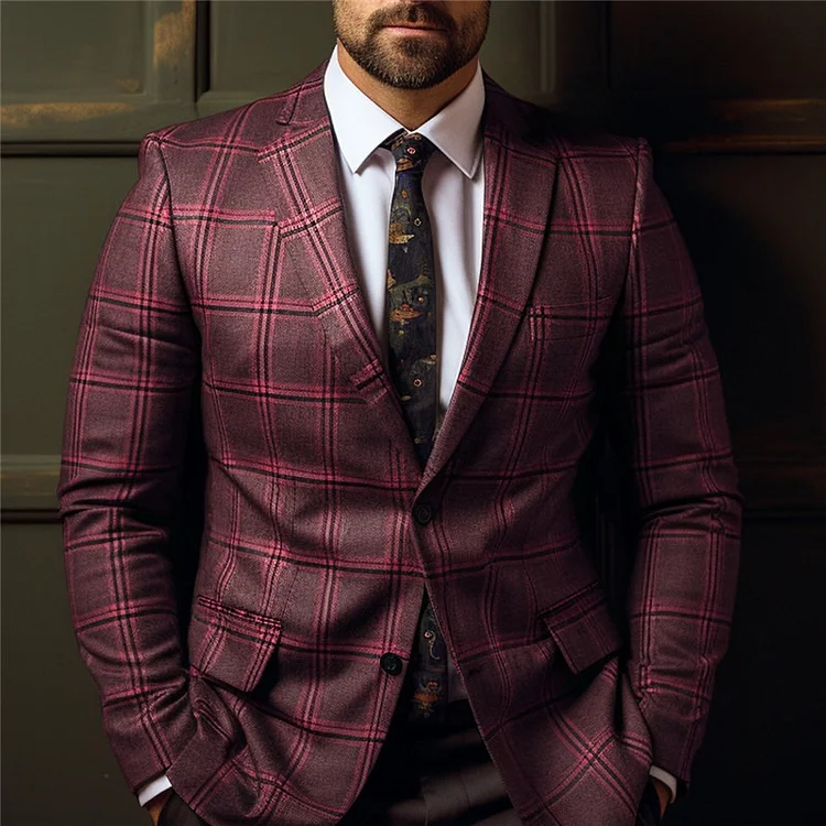Men Business Casual Plaid Lapel Collar Two Button Chest Pocket Blazer - Image 6