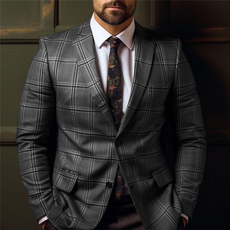 Men Business Casual Plaid Lapel Collar Two Button Chest Pocket Blazer - Image 5