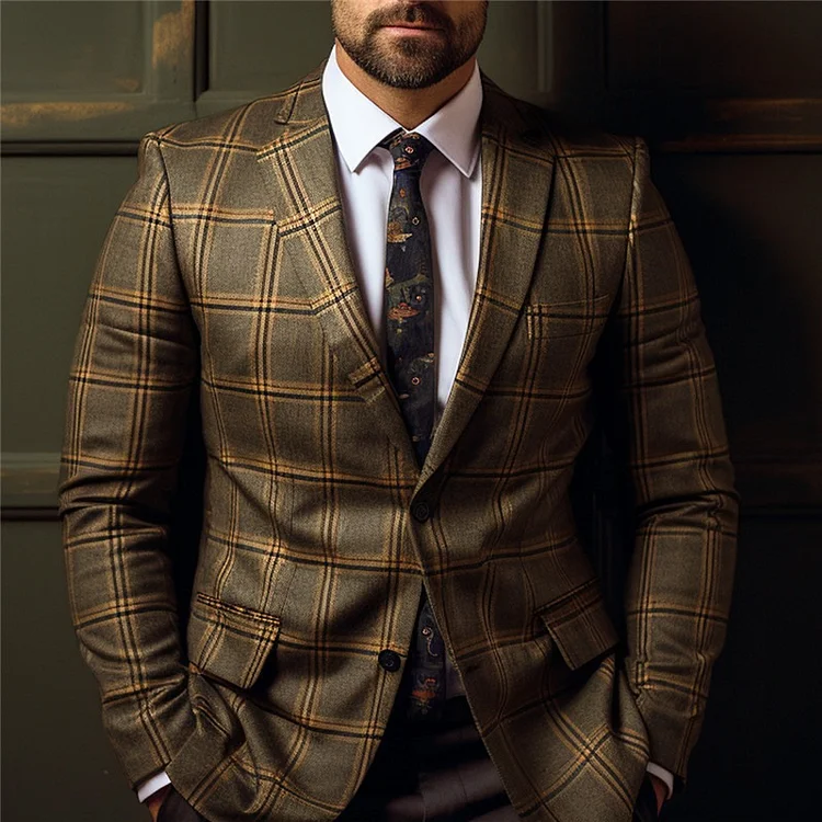 Men Business Casual Plaid Lapel Collar Two Button Chest Pocket Blazer - Image 3