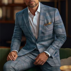 Men MAGNUM Business Plaid Pattern Notch Lapel Two Button Welt Pocket Blazer