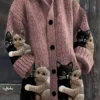 Woman MAGNUM 5 Cute Cat Print Button Thick Long Sleeve Hooded Cardigan Sweater