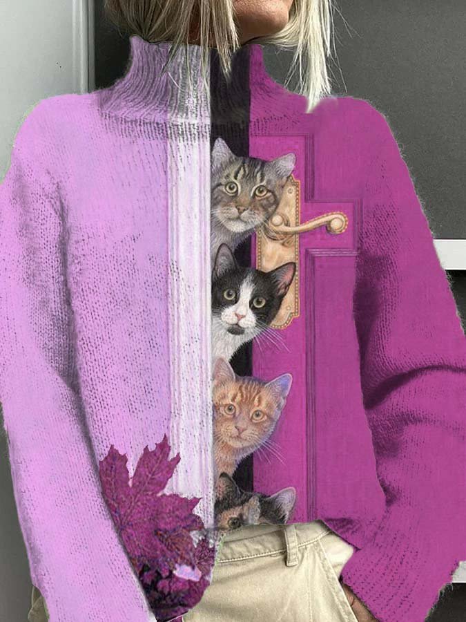 Woman MAGNUM Casual Warm Turtleneck Sweater Funny Open Door Cat Pattern - Image 2