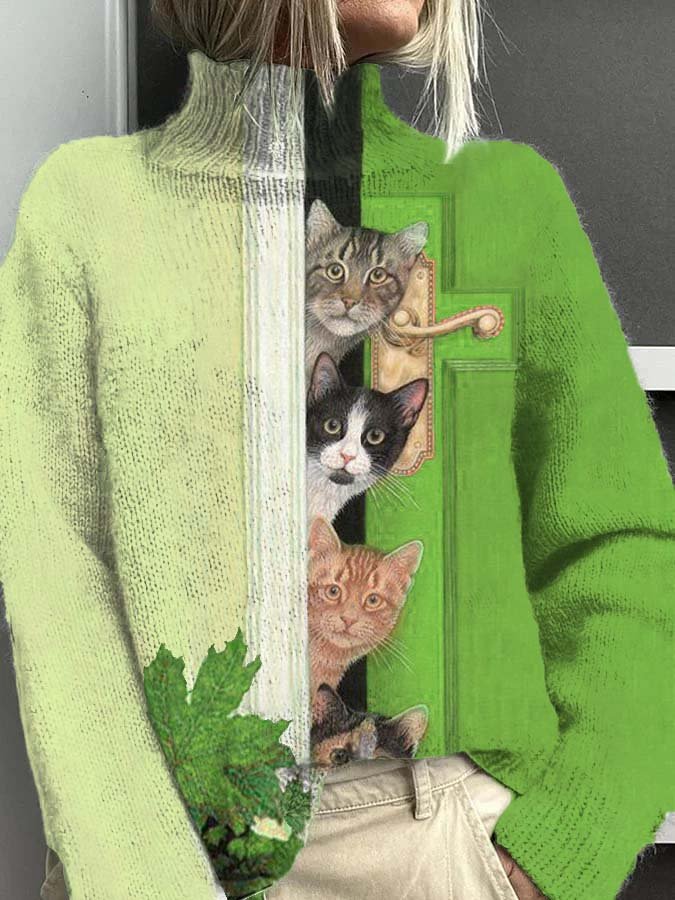 Woman MAGNUM Casual Warm Turtleneck Sweater Funny Open Door Cat Pattern - Image 4