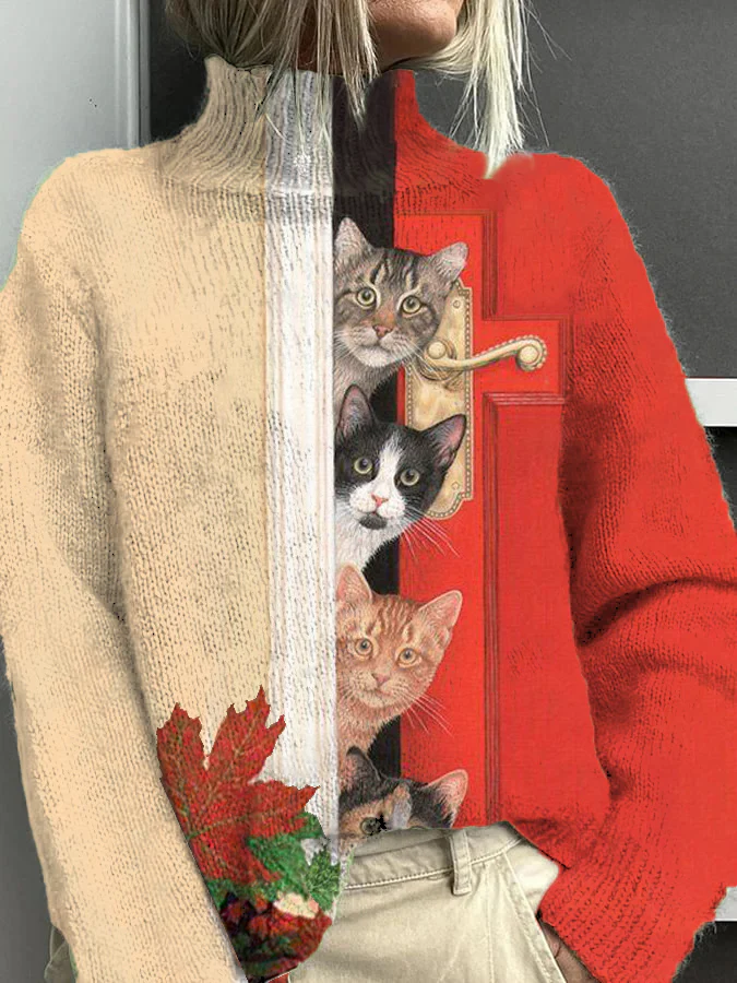 Woman MAGNUM Casual Warm Turtleneck Sweater Funny Open Door Cat Pattern