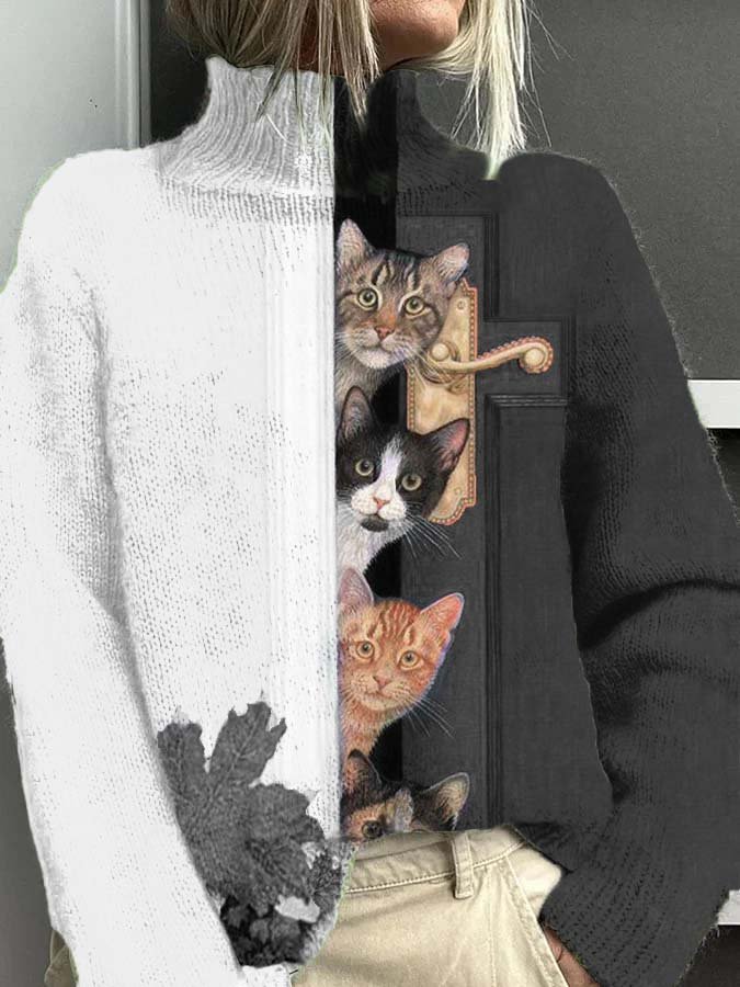 Woman MAGNUM Casual Warm Turtleneck Sweater Funny Open Door Cat Pattern - Image 5