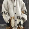 Woman MAGNUM Retro Cute Pet Print Button Up Thick Long Sleeve Hooded Sweater Cardigan