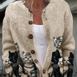 Woman MAGNUM Stylish Retro Cat Print Button Down Casual Long Sleeve Knit Cardigan Sweater